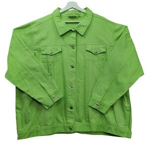 Quaker Factory Rhinestone Denim Jacket Lime Green 2X Trucker Style Embellished